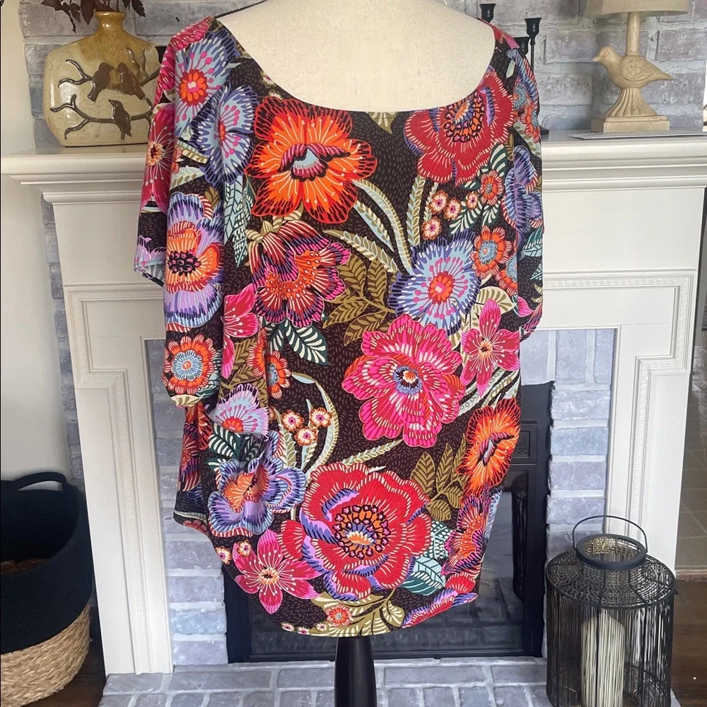Torrid Tie-Front Capped Sleeve Multicolored Floral Print Button Up Blouse Size3X - Picture 7 of 14